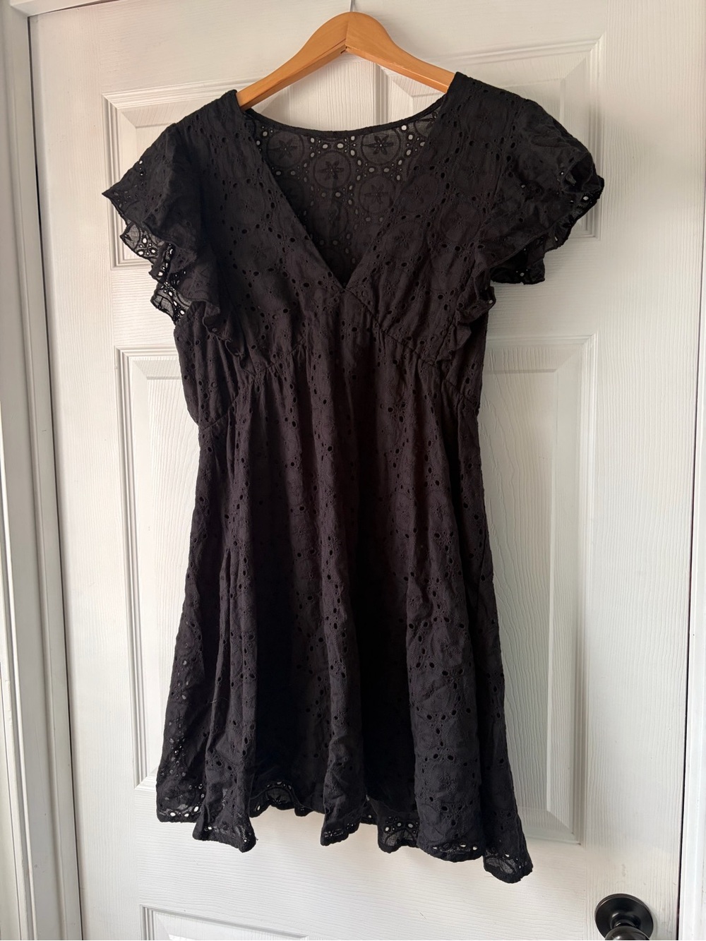 Black Eyelet V-Neck Flutter Sleeve Dress -